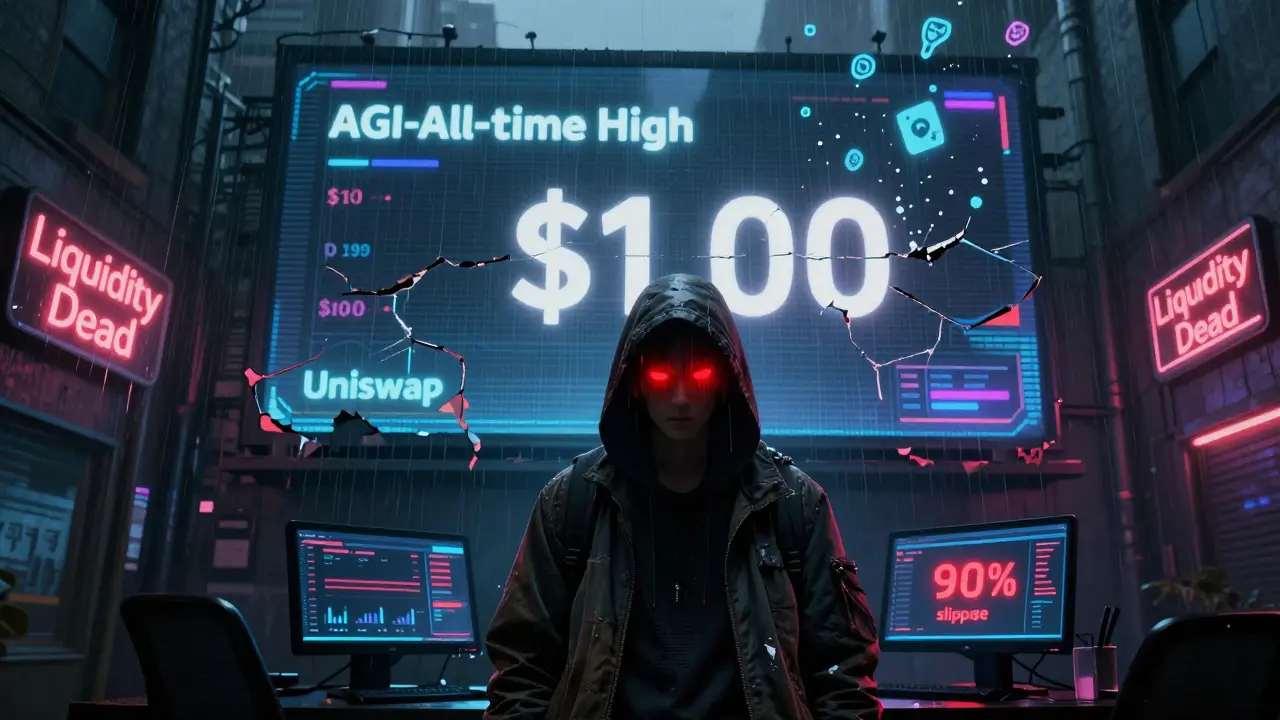 A trader faces a failed AGI trade with 90% slippage under a crumbling price billboard.