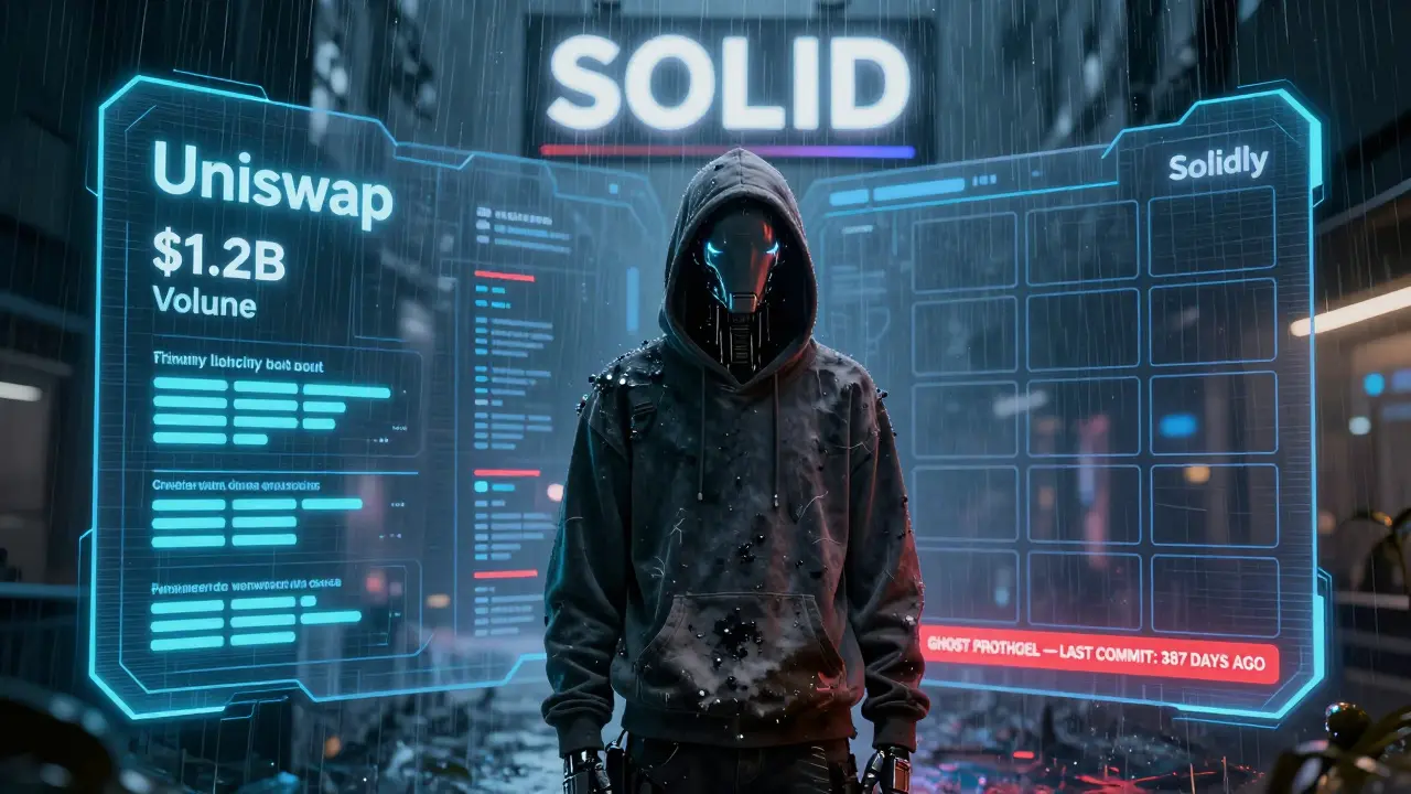 A trader facing a holographic comparison showing Uniswap's thriving volume versus Solidly's empty, abandoned interface.