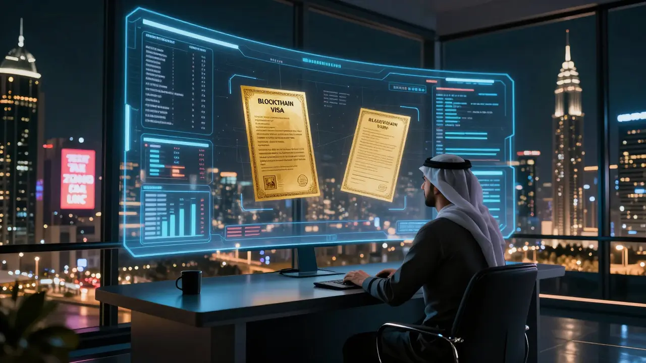 A trader in a Dubai penthouse surrounded by glowing blockchain data and golden visa interfaces.