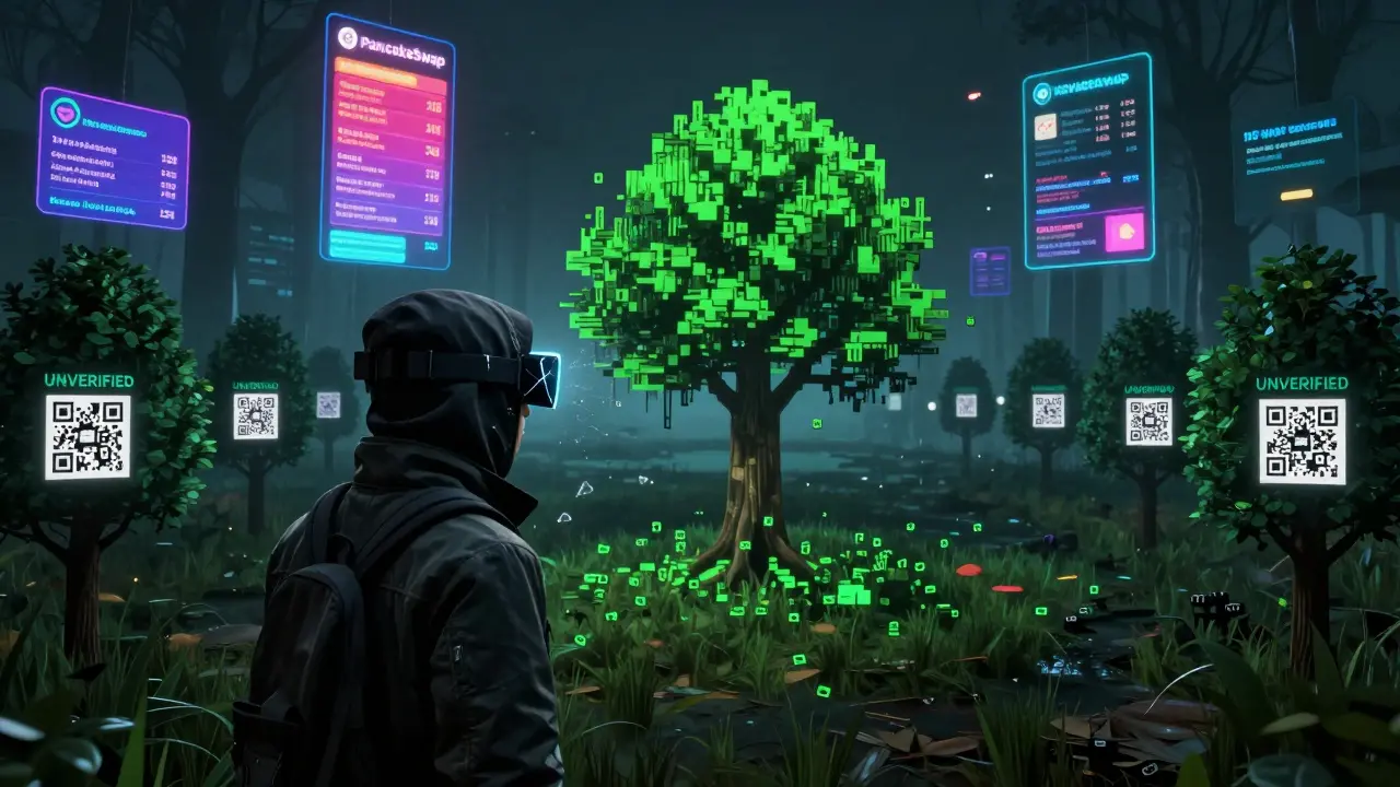 A user viewing a virtual tree that disappears on an AR visor, surrounded by an empty digital forest.