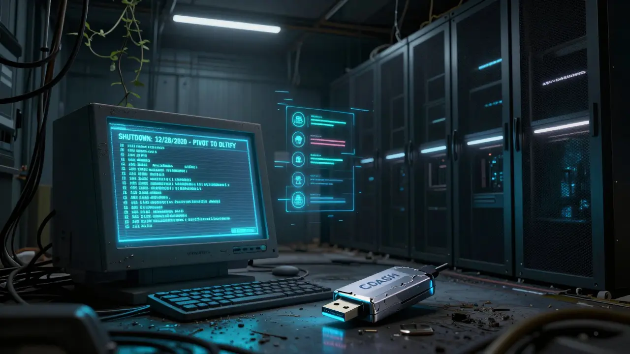 Abandoned server room with dying LEDs and a final shutdown log on a dusty terminal screen.