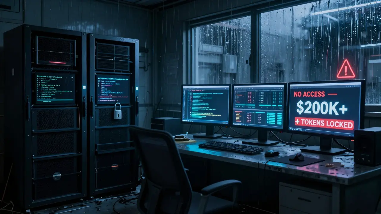 Abandoned server room with locked CCASH smart contract and live trading volume on glowing screens.
