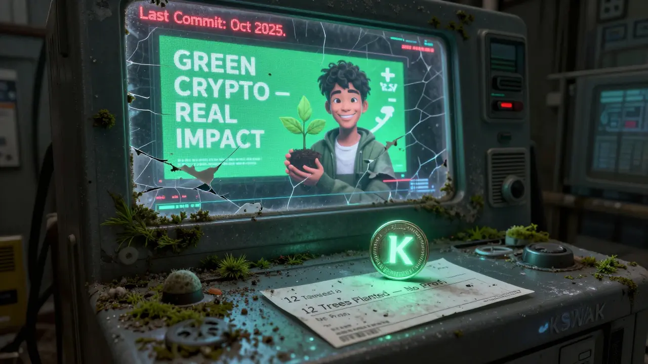 An abandoned KyotoSwap terminal with a single glowing token and a faded '12 Trees Planted' receipt.