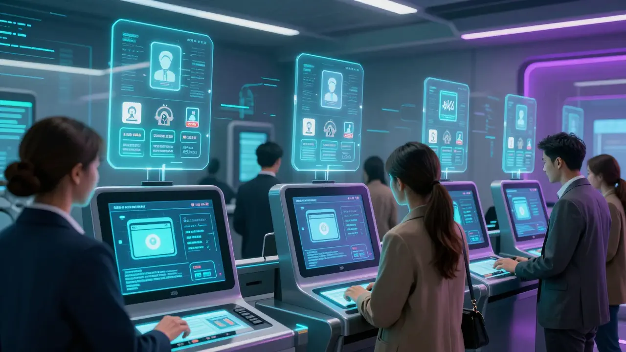 Citizens verifying digital credentials at a futuristic government kiosk with floating encrypted icons.