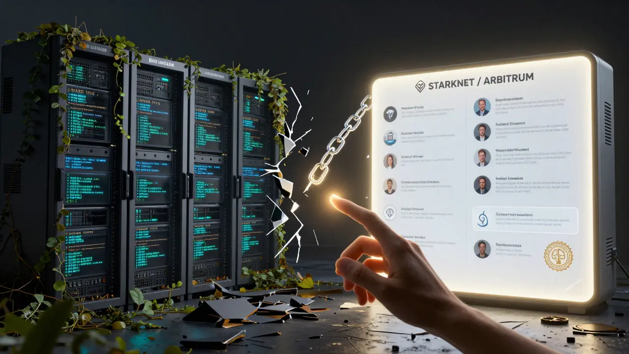 Contrasting scene: decaying scam server farm on left, verified crypto hub on right, with a hand reaching toward safety.