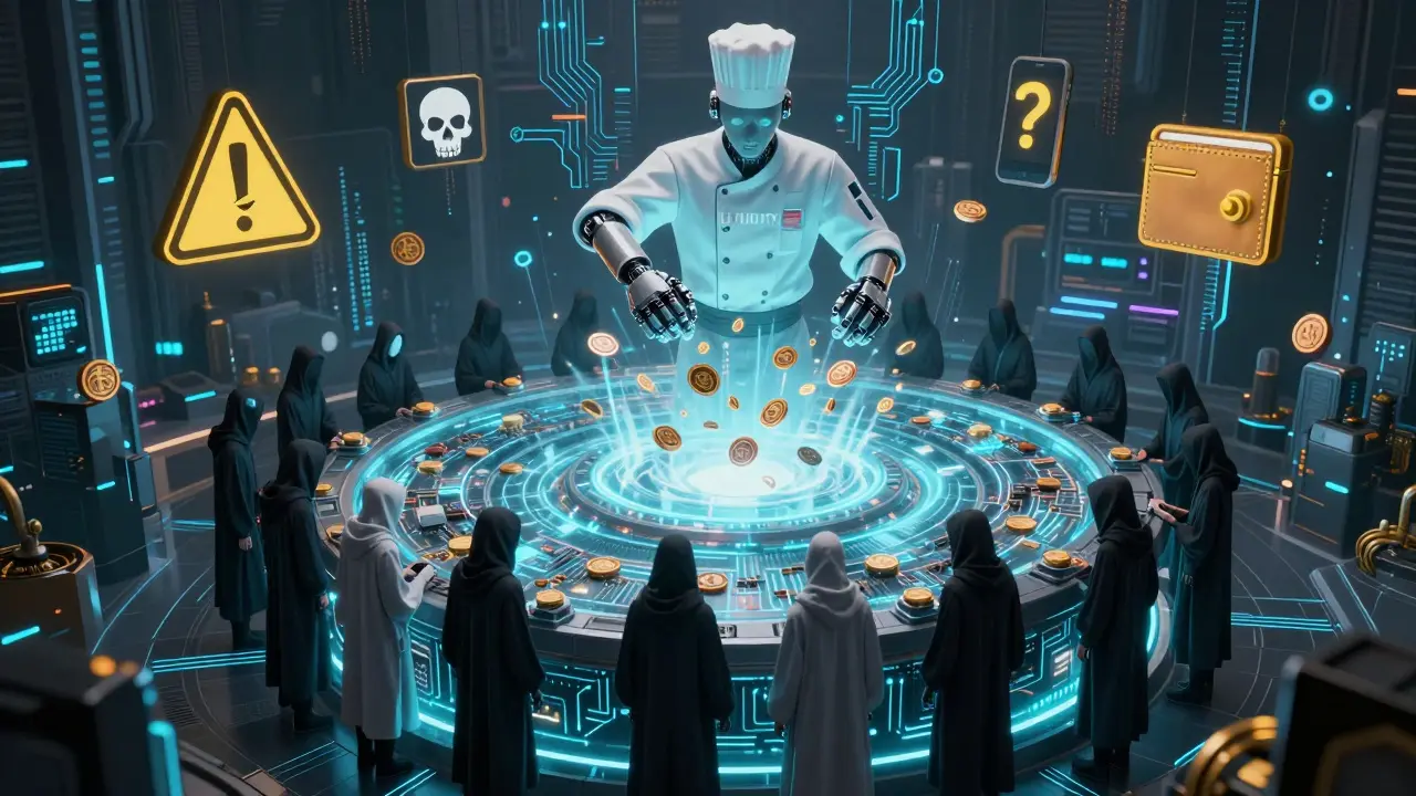 Cyberpunk DeFi temple with users depositing tokens into a glowing AMM pool under warning symbols.