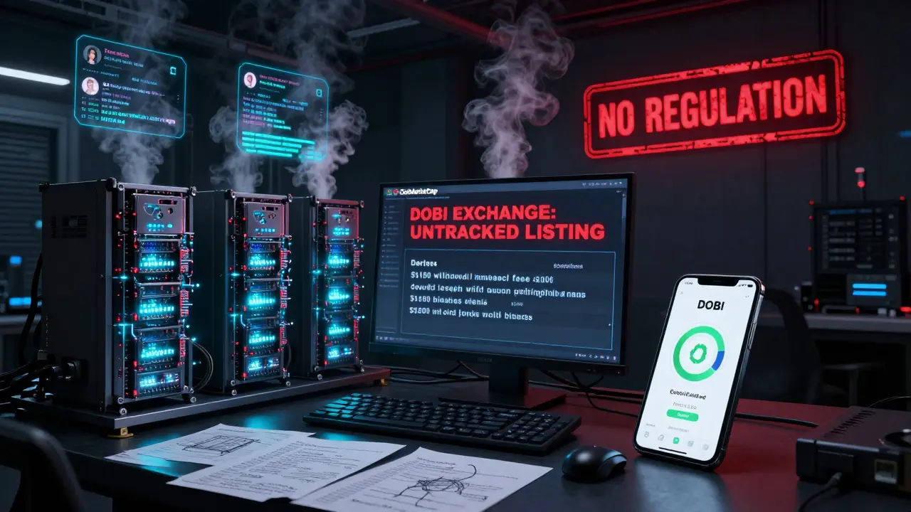 Dark server room with a 'UNTRACKED LISTING' monitor and high withdrawal fee calculations on the floor.