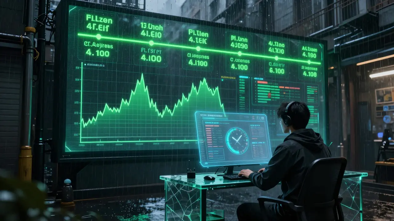 Developer watching a holographic vesting cliff timer count down in a rainy alley.