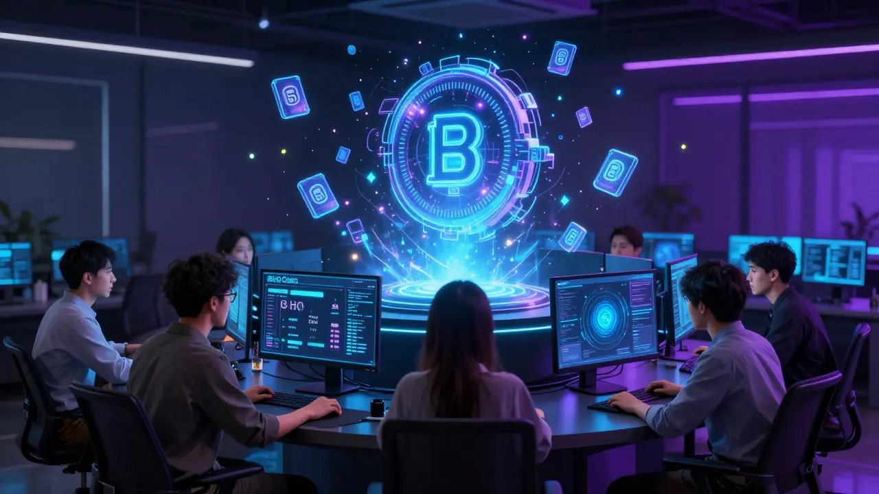 Developers interacting with a glowing BHO Chain testnet dashboard in a dim tech incubator.