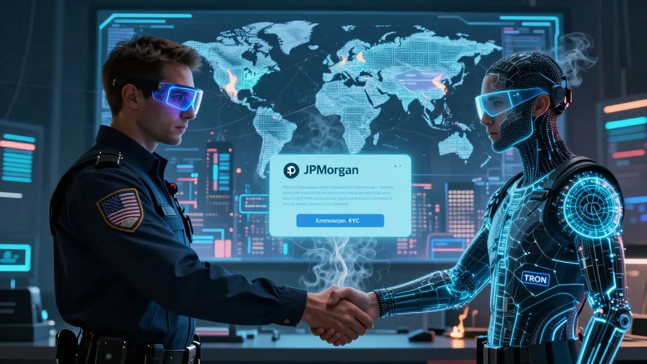 Digital handshake between agent and engineer locking a crypto wallet, global compliance network forming.