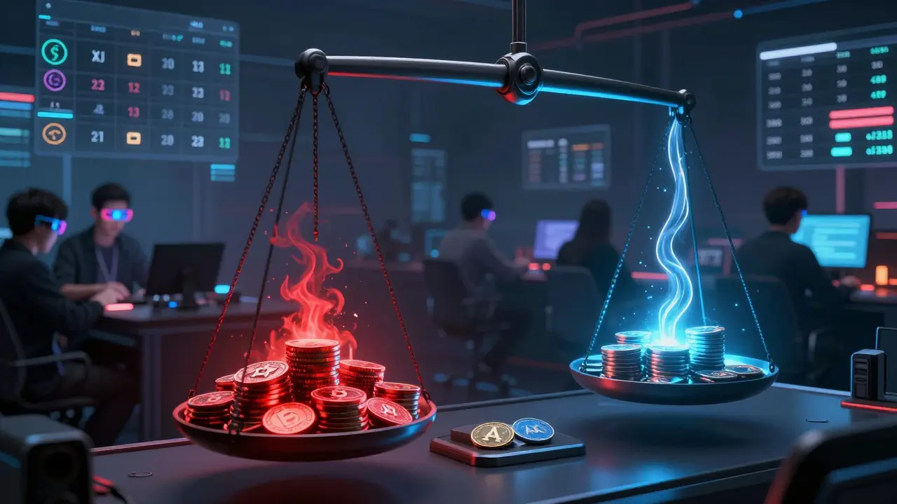Digital scale comparing crashed tokens to stable vested tokens on a crypto exchange floor.