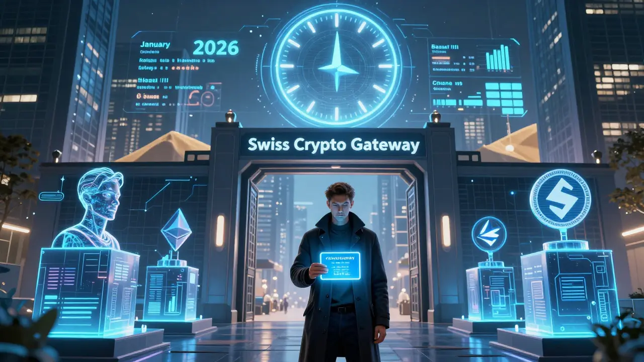 Entrepreneur approaching digital gateway to Swiss crypto regulation with Ethereum and Solana avatars above.