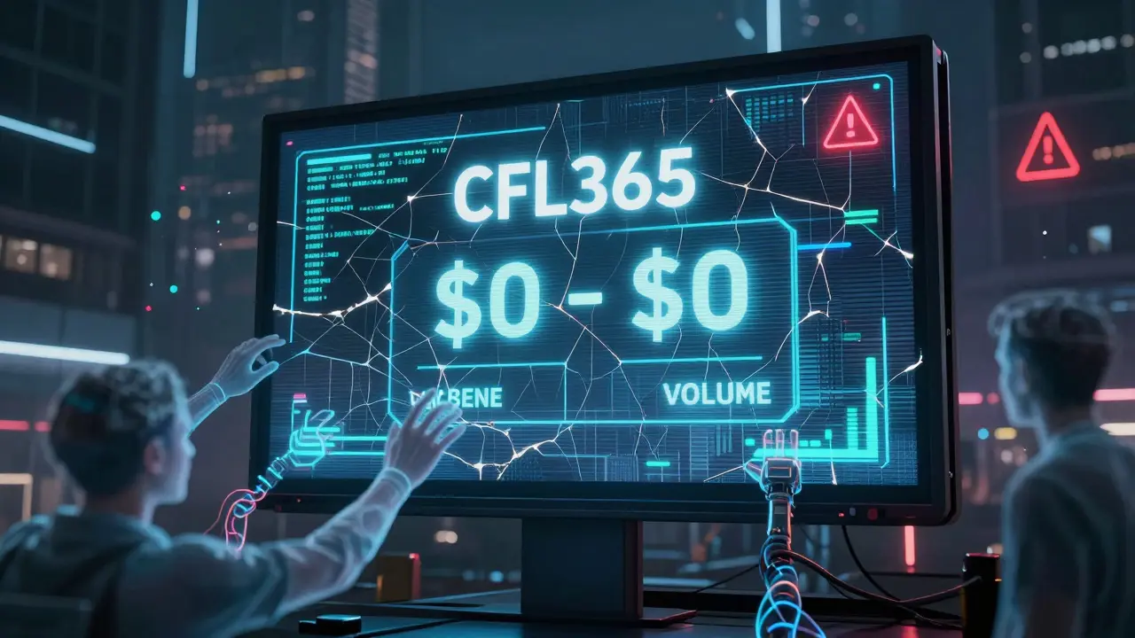 Flickering digital billboard showing <h2>What Happens If You Participate Anyway?</h2> CFL365 token price as users dissolve into static.