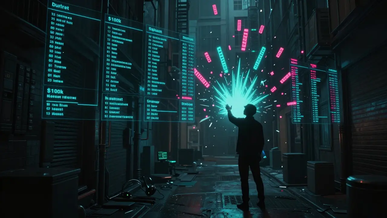 Flickering thin order book in a dark alley, price spikes shattering digital tags around a trader.