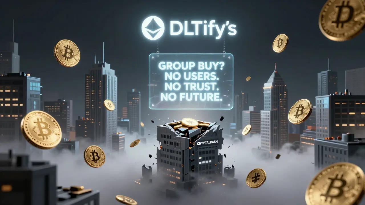 Floating crypto coins in a cyberpunk city skyline, with a sinking CryptalDash tower below.