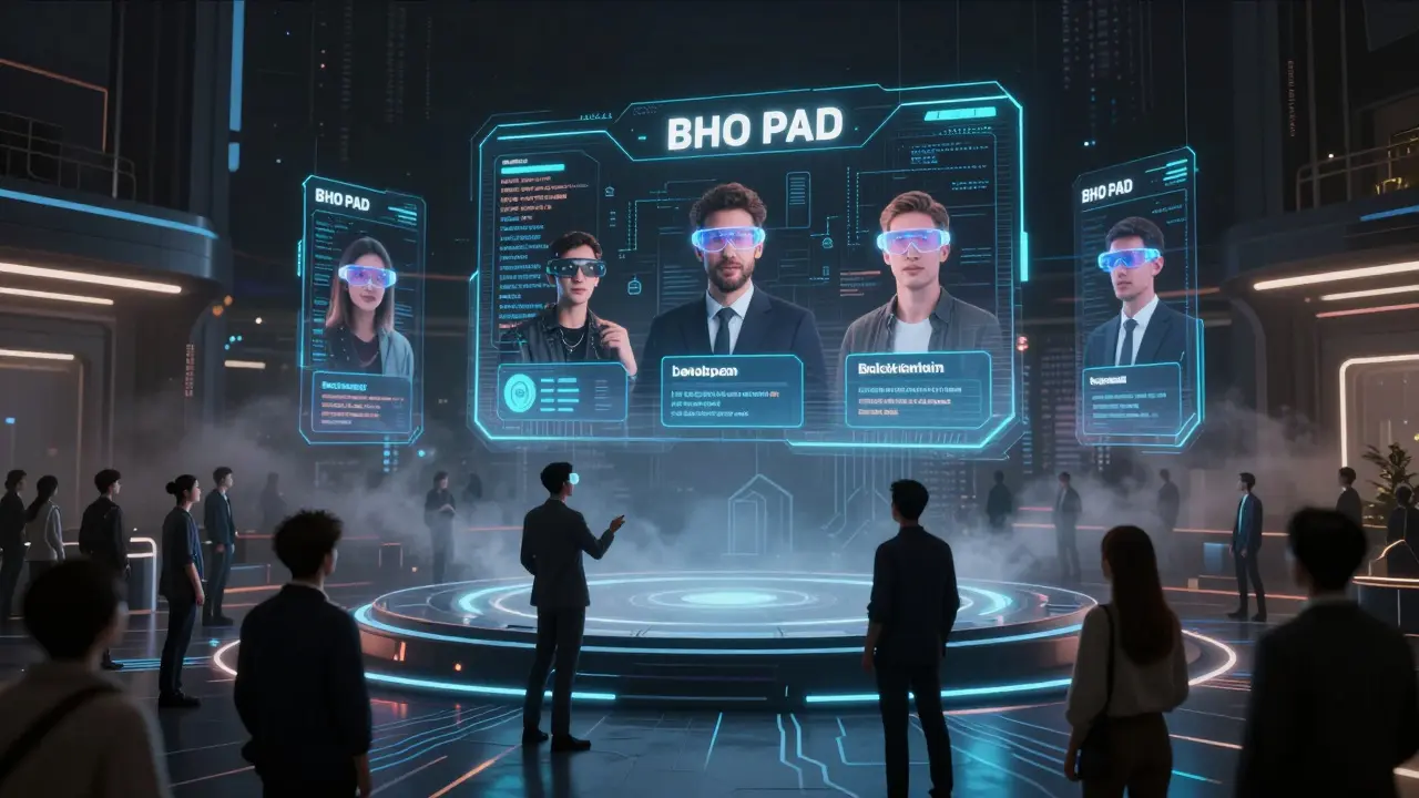 Futuristic BHO Pad launchpad with founders pitching blockchain apps in a digital plaza.