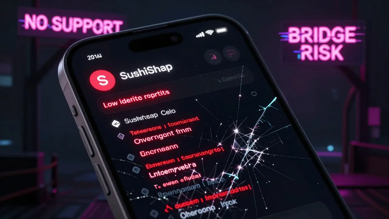 Futuristic smartphone showing SushiSwap on Celo with low liquidity warnings and a flickering bridge portal.