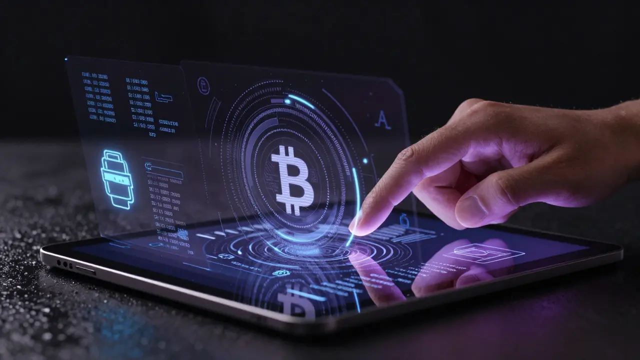 Hand interacting with AR portfolio interface showing Bitcoin and tokenized real estate, surrounded by compliance symbols.