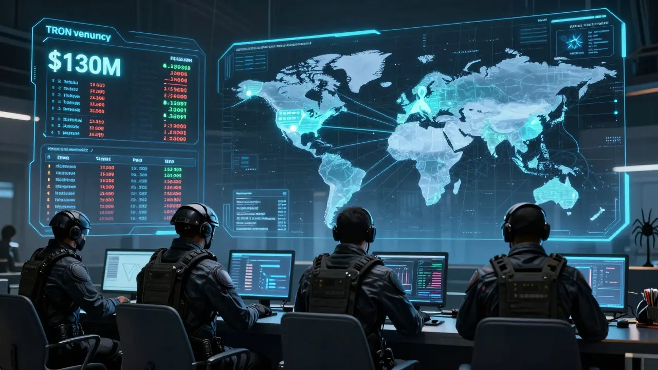 Holographic command center tracking crypto crime, agents monitoring TRON’s illicit volume drop.