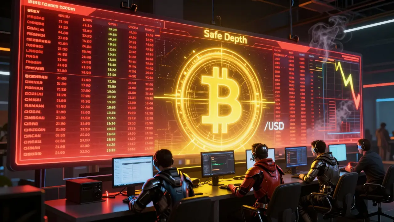 Holographic depth chart with heat-map colors showing strong liquidity, while a thin pair fades to static.