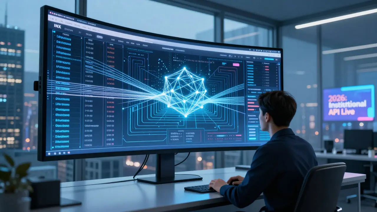 Institutional trader viewing sequential transaction threads on a massive display, cityscape glowing with legal asset ads.