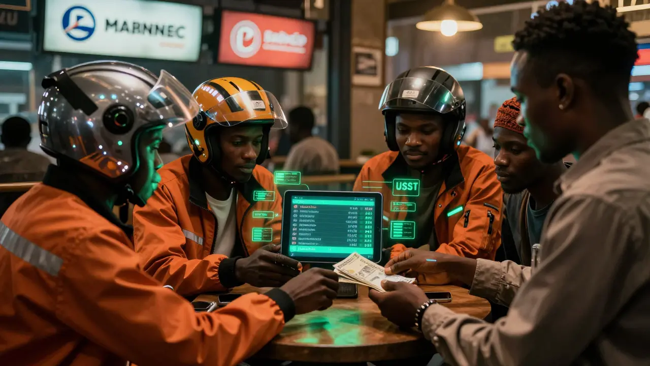 Motorcycle drivers in a cafe trading USDT via P2P platform with digital balance overlays.