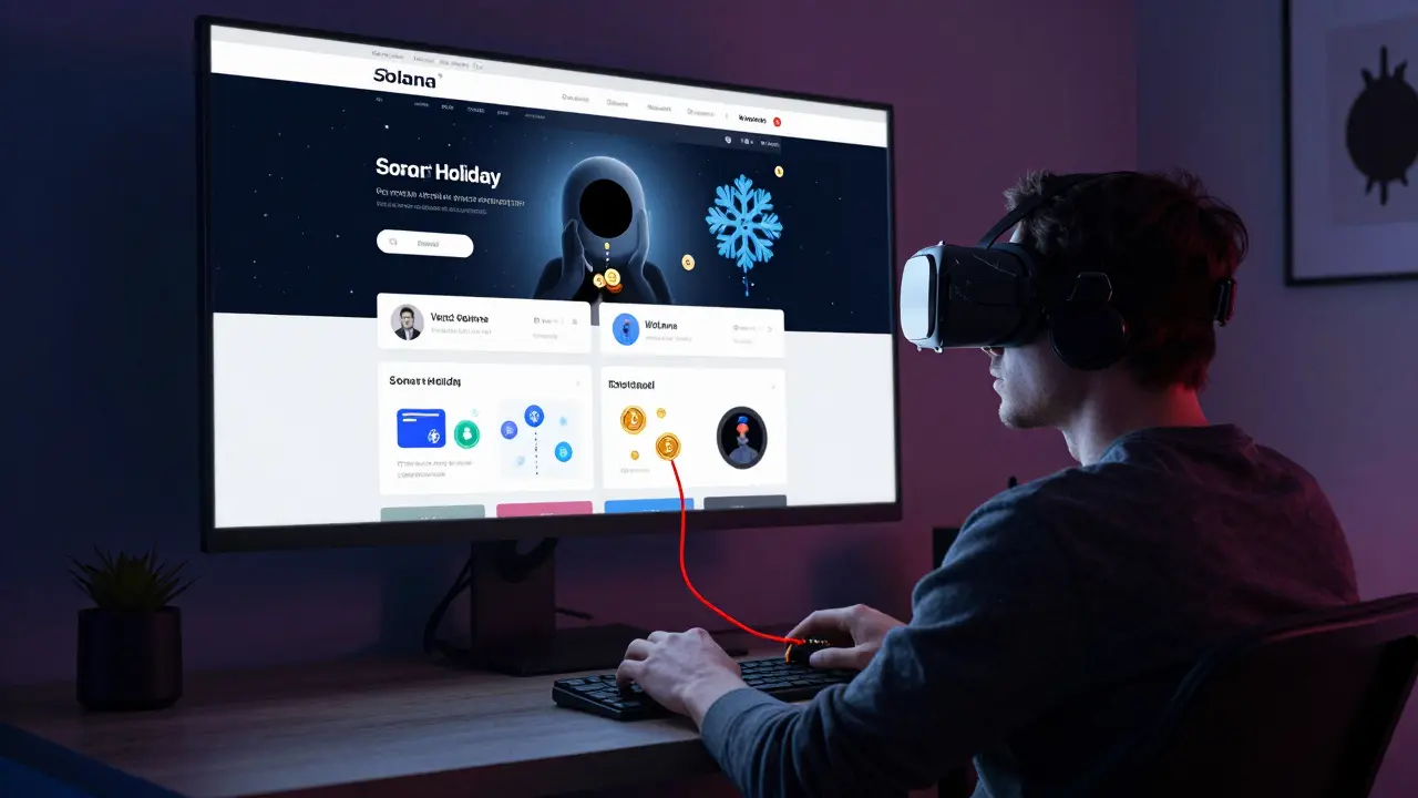 Person in dim room staring at fake airdrop VR screen while real projects glow on a wall behind them.