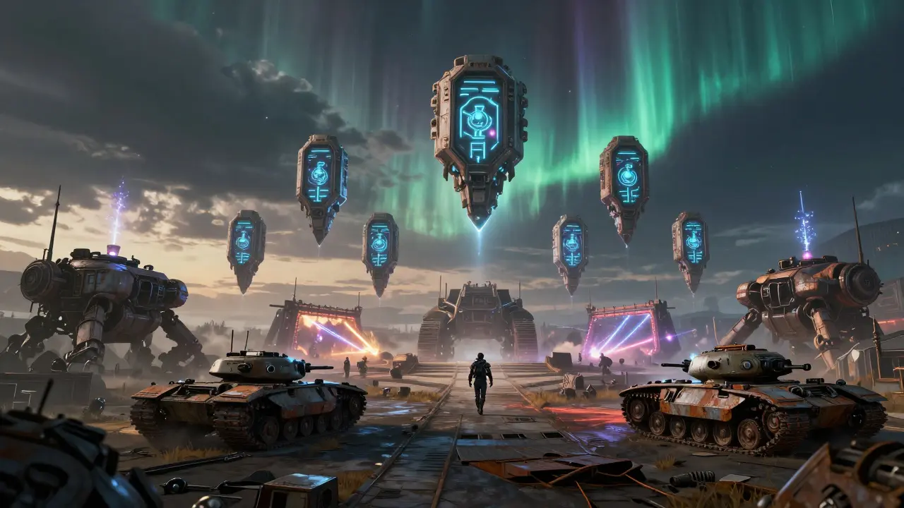 Seven hundred glowing Origin Tank NFTs rise from the wasteland of Earth Zero under a Brodium-lit sky.