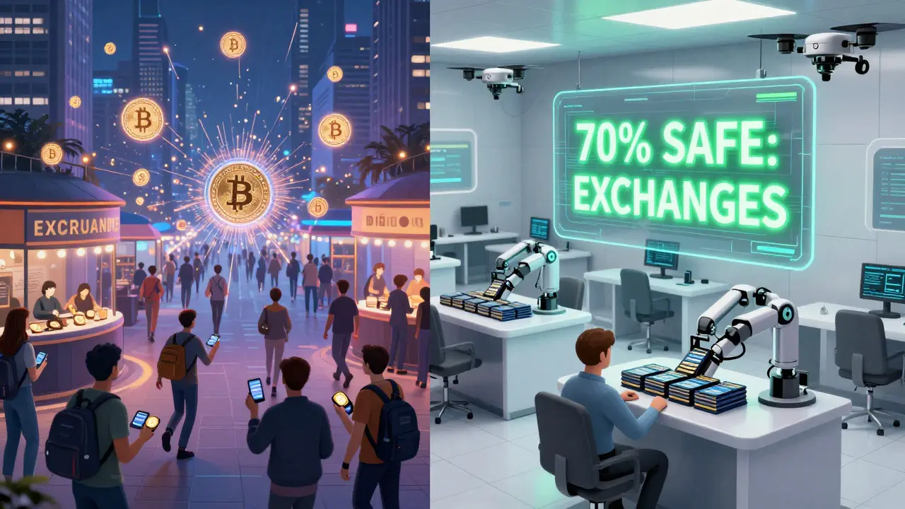 Split cityscape: chaotic offshore crypto market vs. secure Indian exchange with safety indicators.