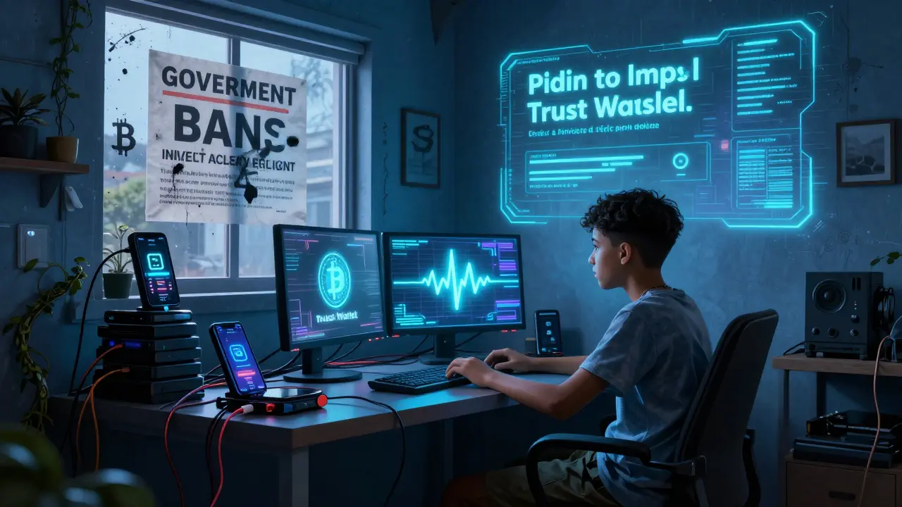 Teenager learning to set up a crypto wallet using a holographic tutorial in a dim room.