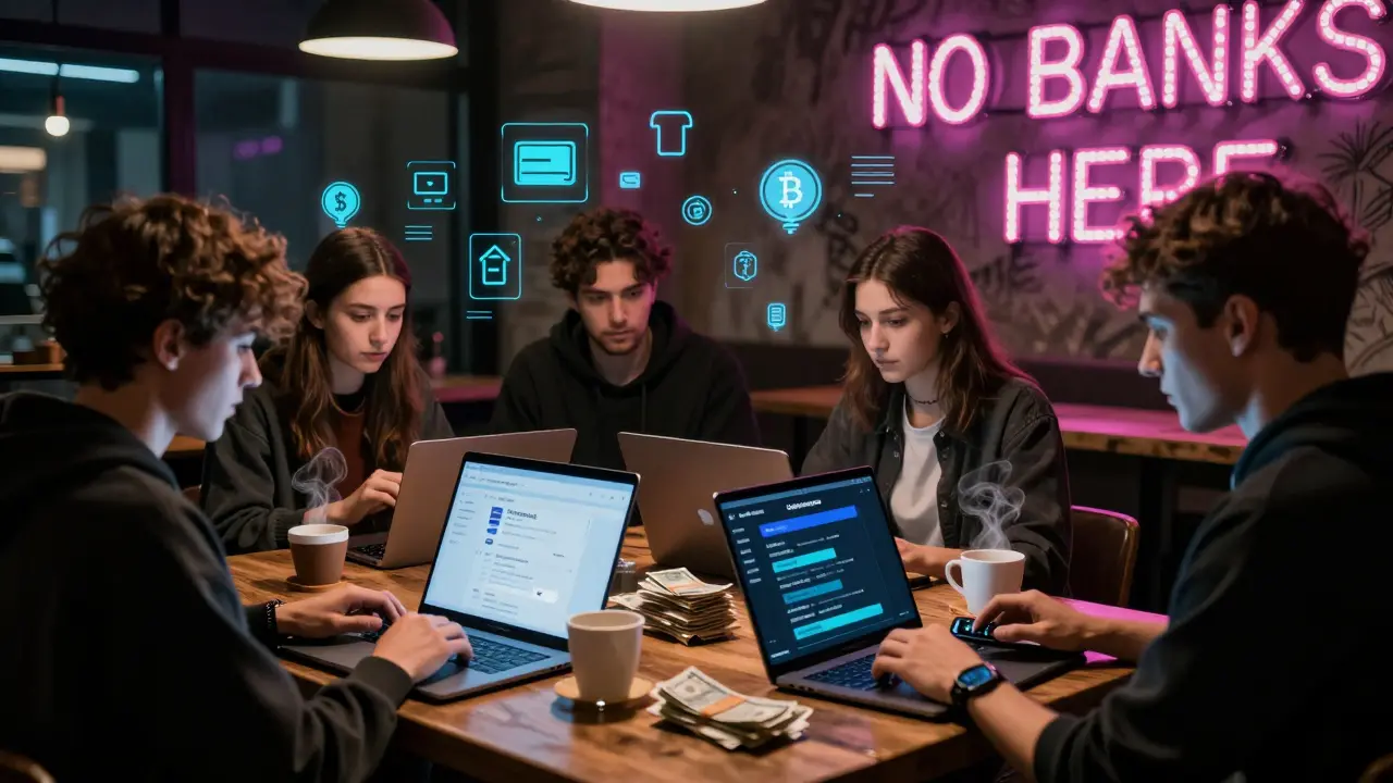 Young traders in a neon-lit cafe use P2P crypto apps, cash and phones on the table, holographic interfaces floating nearby.