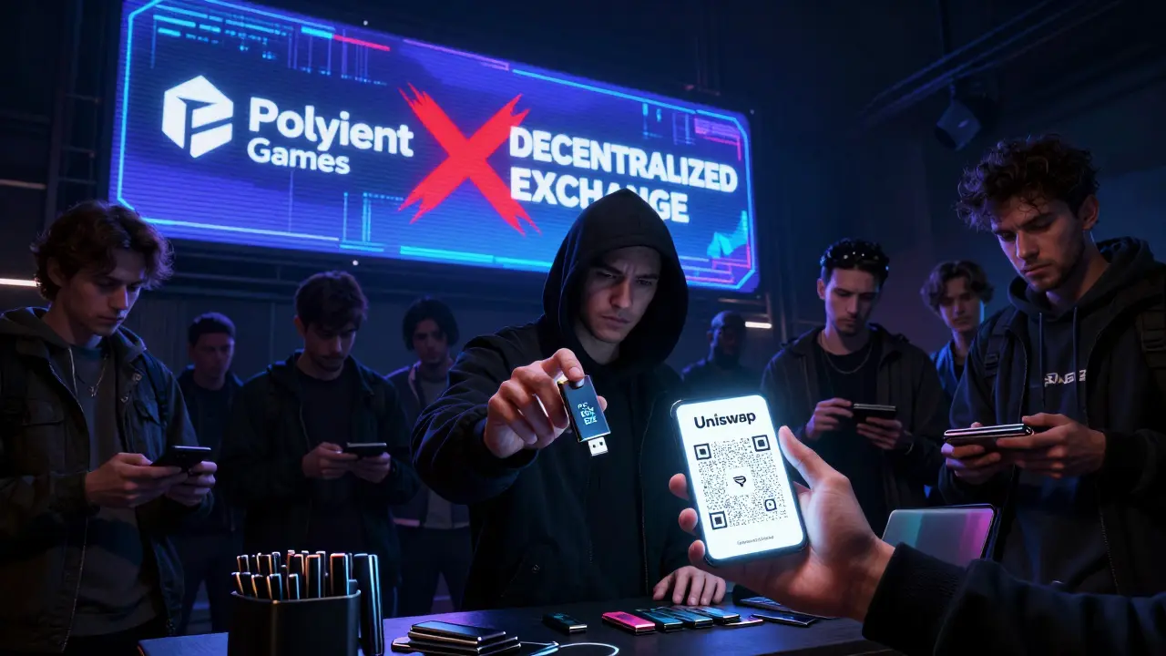 A black-market stall selling fake DEX drives while a real Uniswap QR code glows safely in a user's hand.