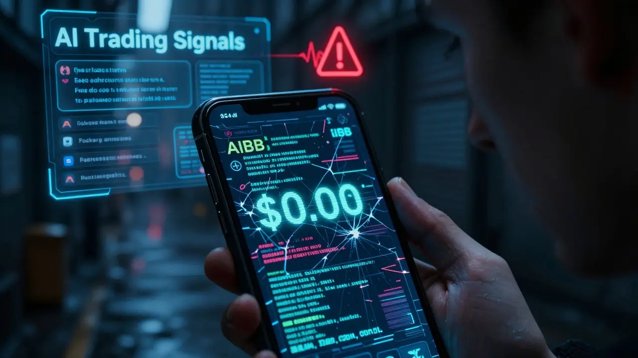 A cracked smartphone screen showing AIBB token balance as <h2>What Makes BullBear AI Different From Other Crypto Projects?</h2>.00 with glitching error messages.