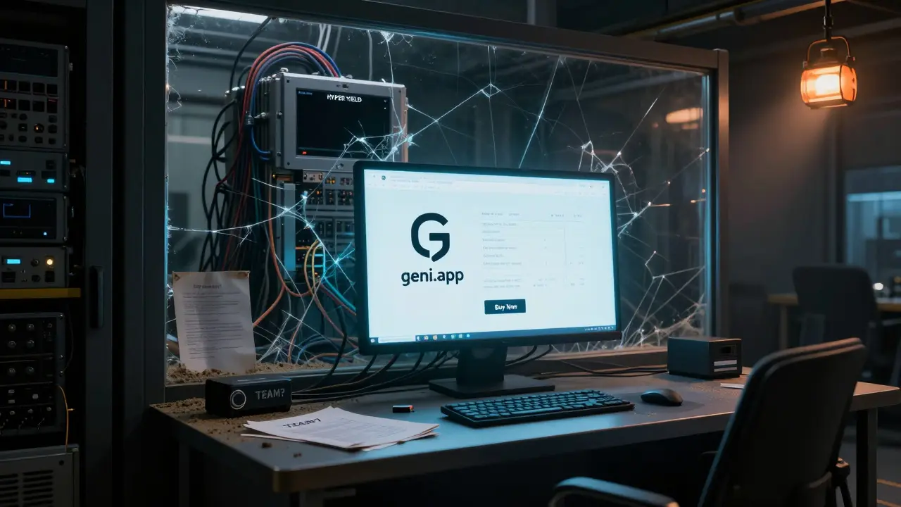 A dusty server room with a dead AI core and a barebones GENI website on a flickering terminal.