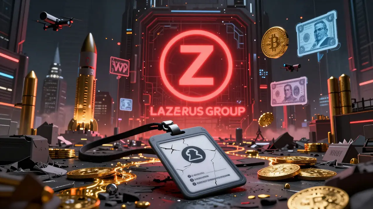 A dystopian blockchain network feeds stolen crypto into nuclear weapons, with the Lazarus Group symbol dominating the skyline.