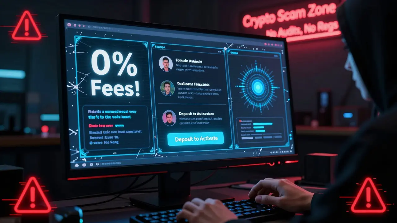 A hacker staring at a monitor displaying fake trading screens and scam prompts.