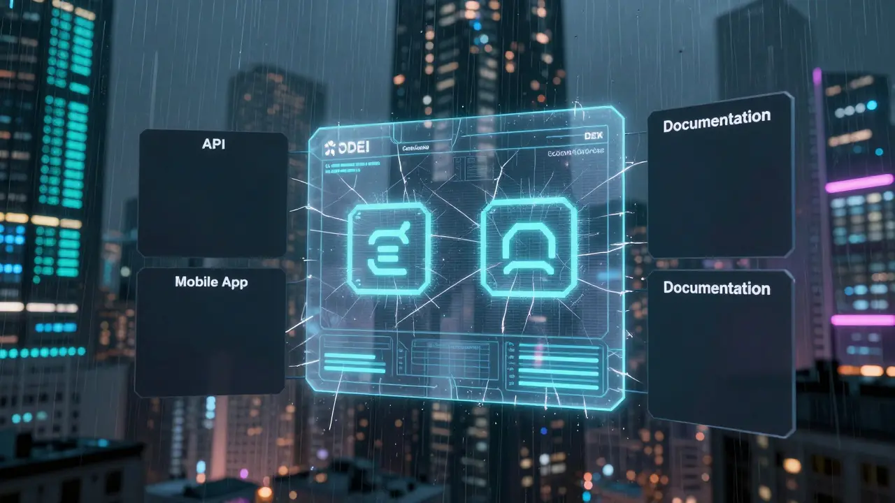 A holographic DEX dashboard shows two tokens with empty panels for missing features.