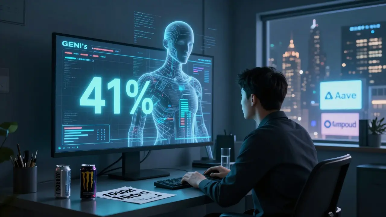 A lone investor surrounded by memes as a hollow AI avatar drains their crypto wallet.