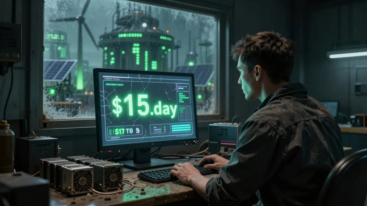 A miner in a dusty garage faces a negative profit screen while corporate mining glows in the distance.