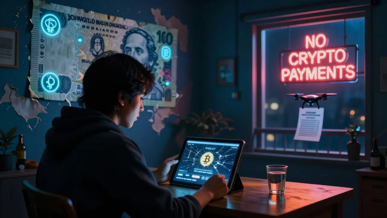 A person in a dim apartment using USDT to protect savings, while a 'No Crypto Payments' sign glows outside.