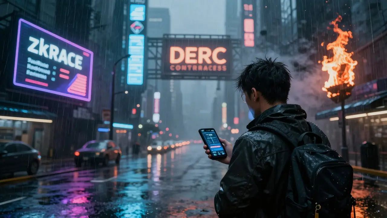 A player views ZERC rewards on a device amid flickering cyberpunk billboards, while a burning DERC contract fades into ash.