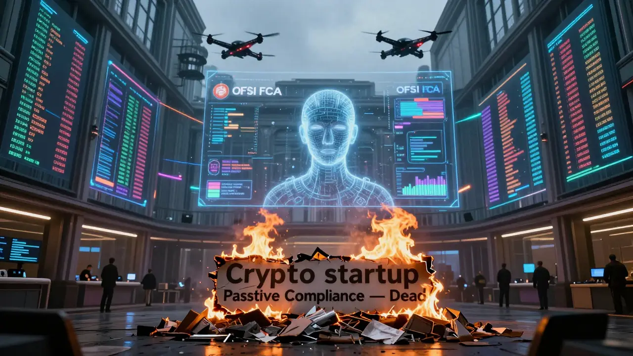 A regulatory command center with AI analyzing global crypto flows and burning startup signs.