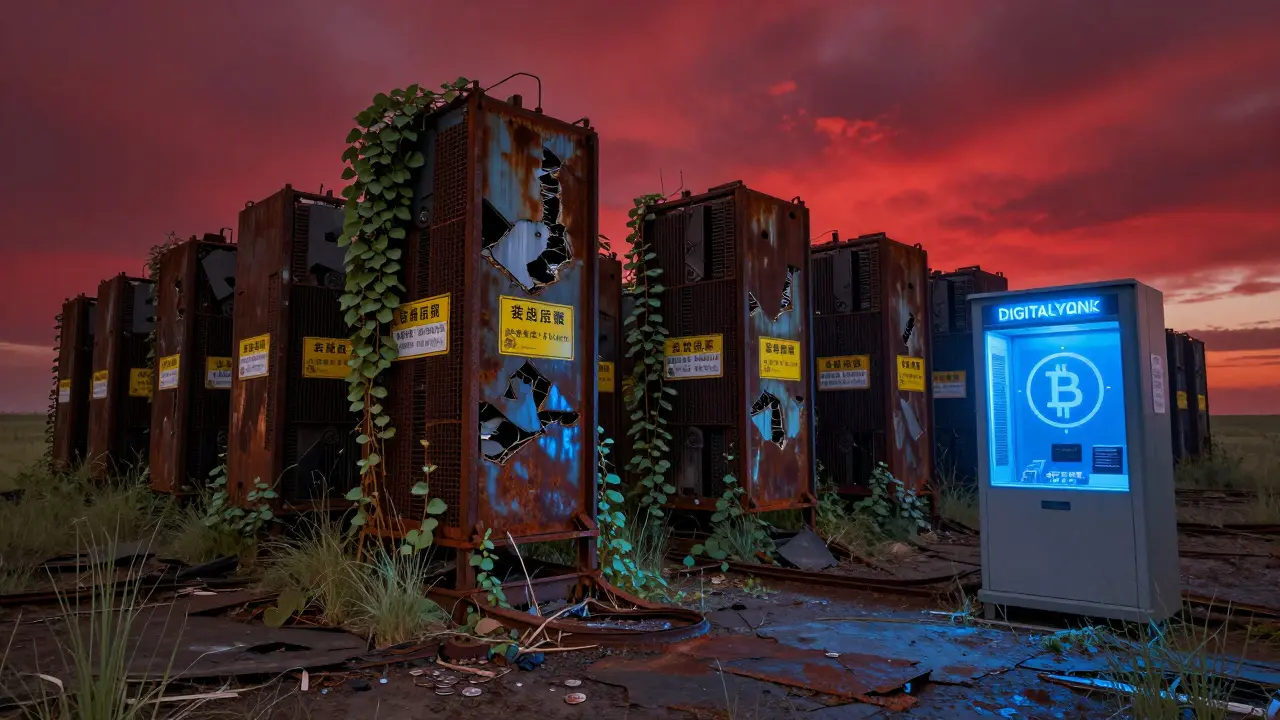 Abandoned Bitcoin mining equipment overgrown with vines beside a glowing Digital Yuan kiosk.