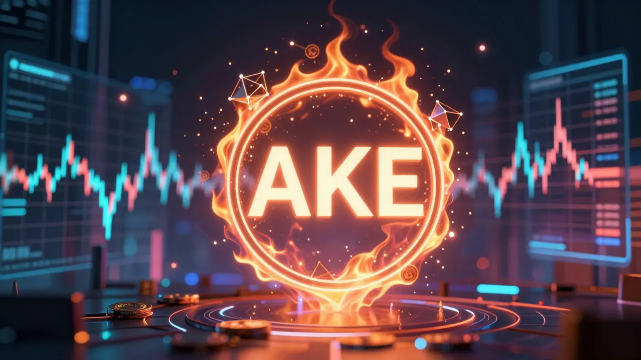Abstract AKE token market data with neon blockchain nodes and burning tokens