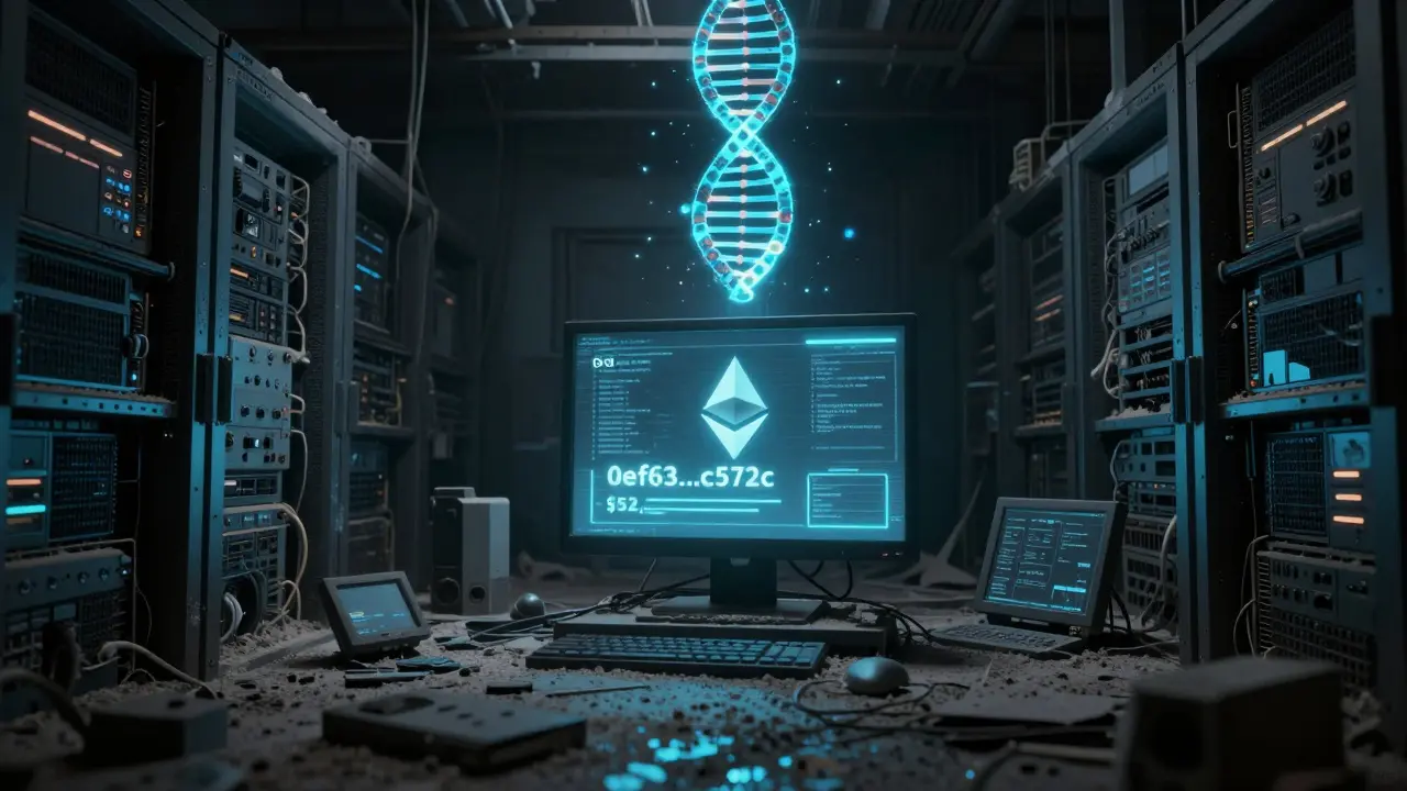 An abandoned server displays a  market cap for a dead crypto token in a dark data center.