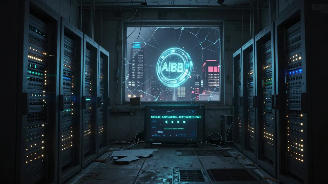An abandoned server room with a fading AIBB token hologram and outdated project labels.