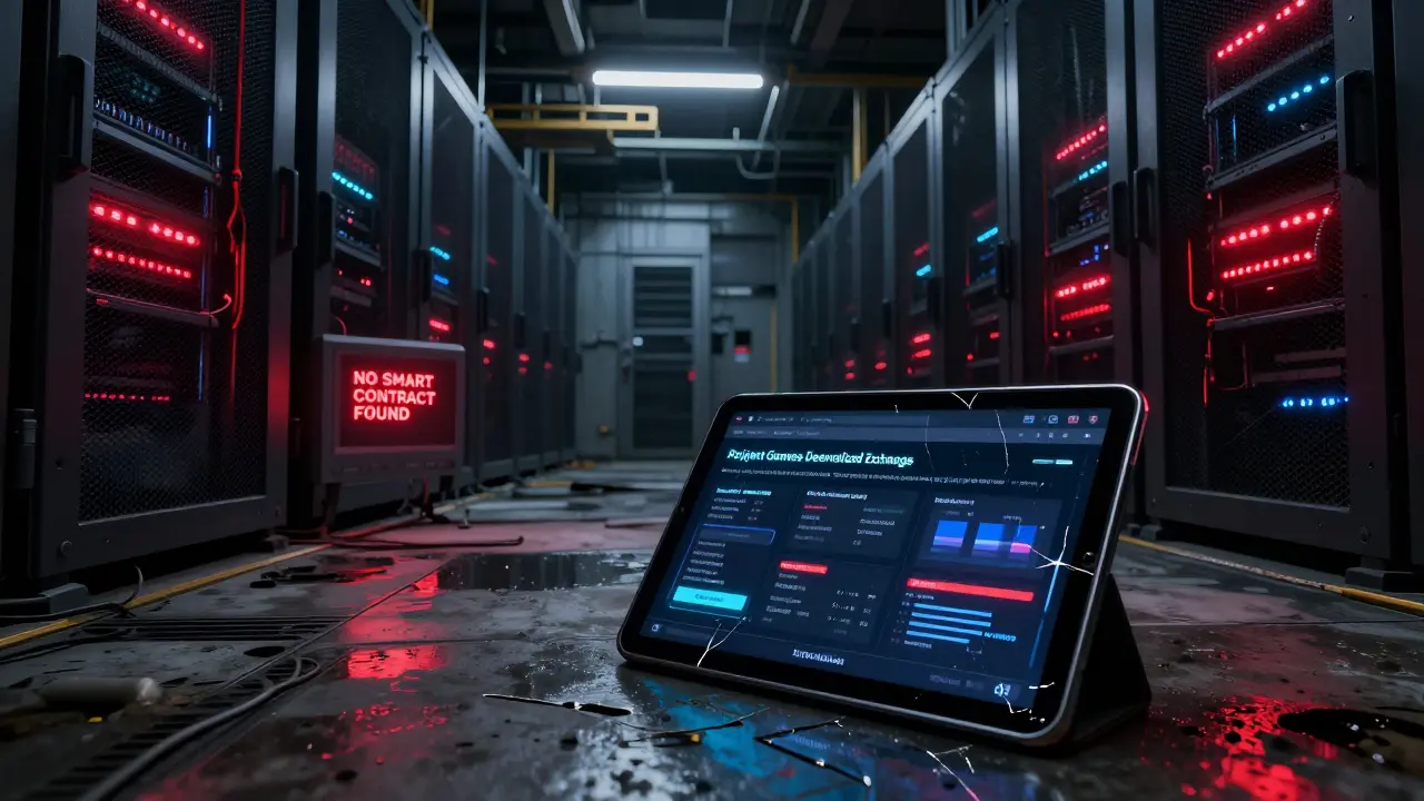 An abandoned server room with screens showing 'No Smart Contract Found' for a fake crypto exchange.
