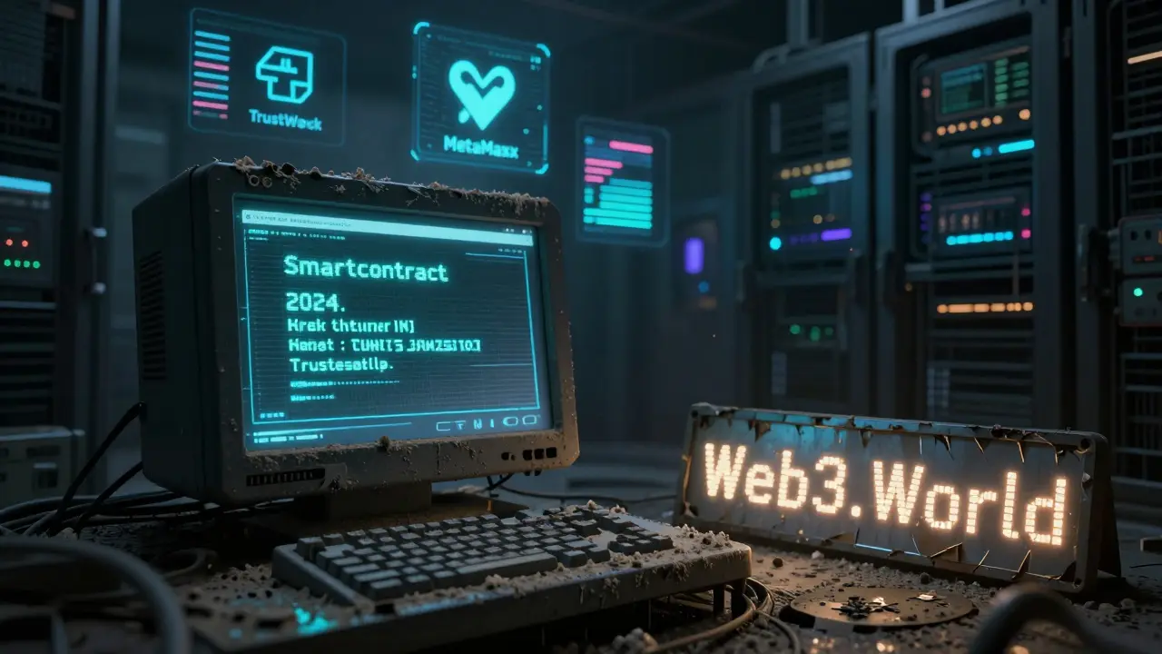 An abandoned smart contract pulses weakly on a dusty terminal in a ruined server room.