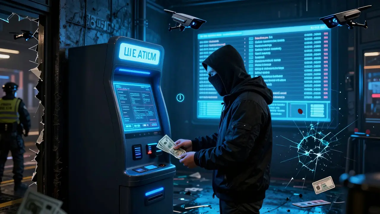 An underground crypto ATM with a masked user and a surveillance screen showing sanctioned transactions.