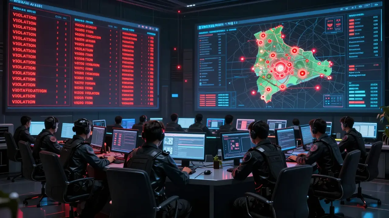 ASFI control room monitoring illegal crypto transactions via holographic dashboards and red alert systems.